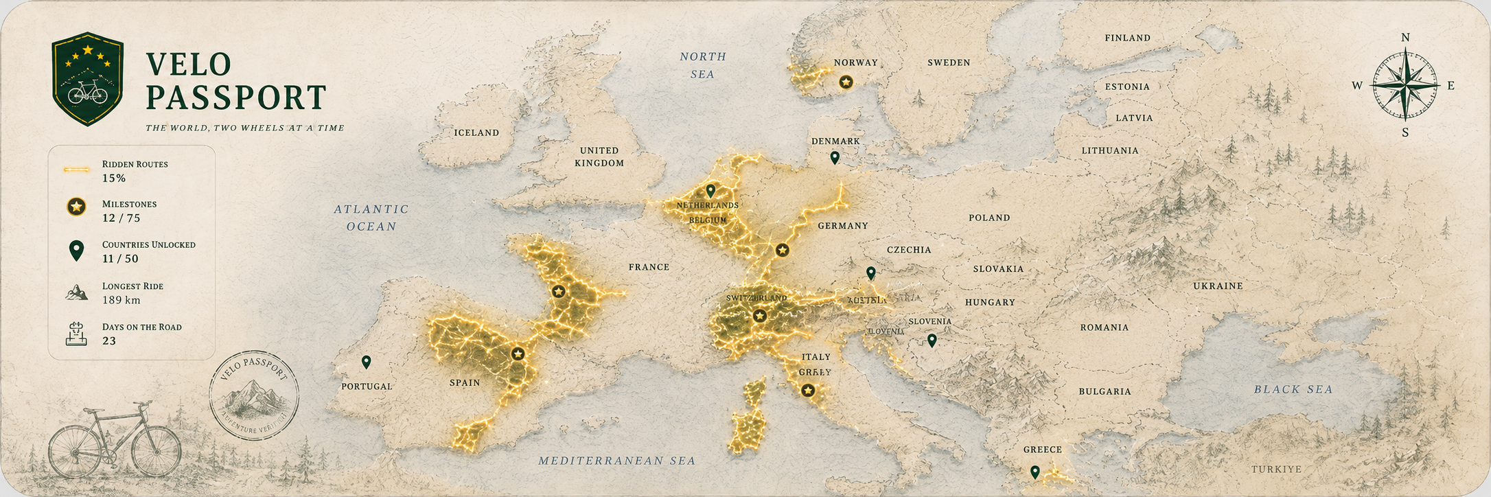 Velo Passport progress map showing a cyclist's journey across Europe